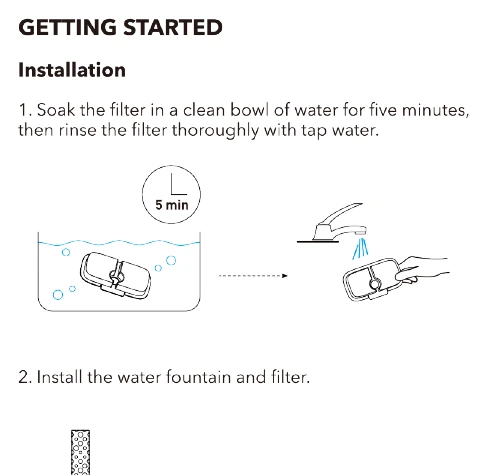 New PETLIBRO PLWF105 flat filter soaking in a clean bowl for five minutes before being rinsed under tap water.