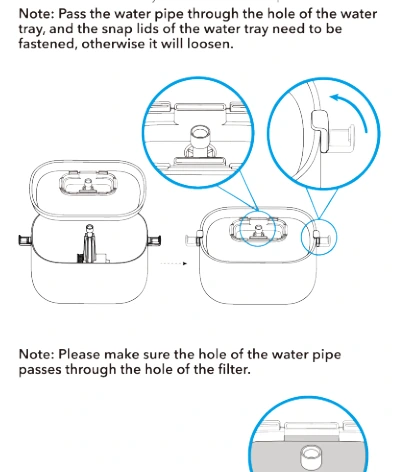PLWF115 water pipe passing through the openings in the water tray and flat filter with snap lids secured.