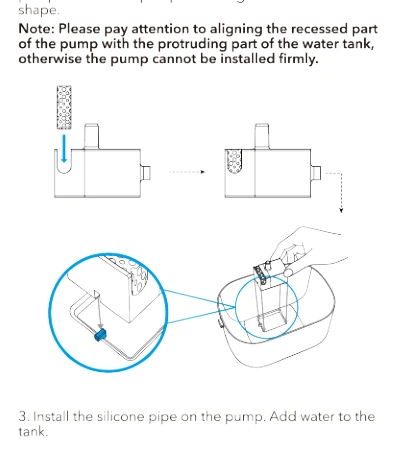 New foam pre-filter fitted into the pump groove and the PLWF115 pump aligned with the tank slot.
