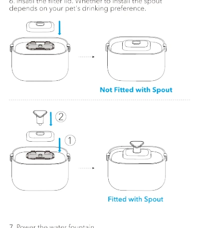 PETLIBRO PLWF115 filter lid removal shown for fountains with and without the optional spout.