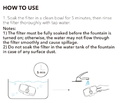 New PETLIBRO PLWF115 flat filter soaking in a clean bowl for five minutes before being rinsed under tap water.